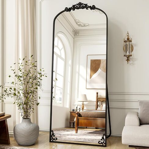 Arched Full Length Mirror, 71'' x 28'' Vintage Full Body Mirror with Carved for Home Decor, Standing Floor Mirror for Wall for Living Room, Bedroom, Cloakroom, Black, Retro Style in Kuwait