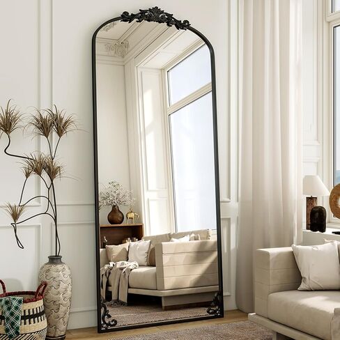 Arched Full Length Mirror, 71'' x 28'' Vintage Full Body Mirror with Carved for Home Decor, Standing Floor Mirror for Wall for Living Room, Bedroom, Cloakroom, Black, Retro Style in Kuwait
