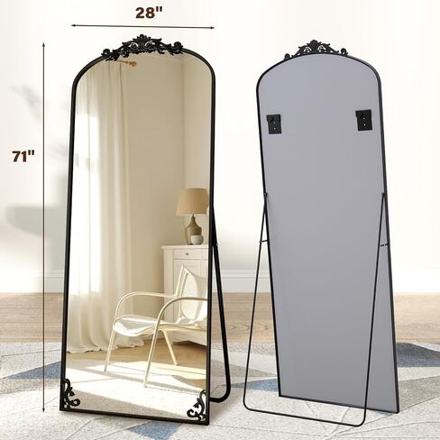 Arched Full Length Mirror, 71'' x 28'' Vintage Full Body Mirror with Carved for Home Decor, Standing Floor Mirror for Wall for Living Room, Bedroom, Cloakroom, Black, Retro Style in Kuwait