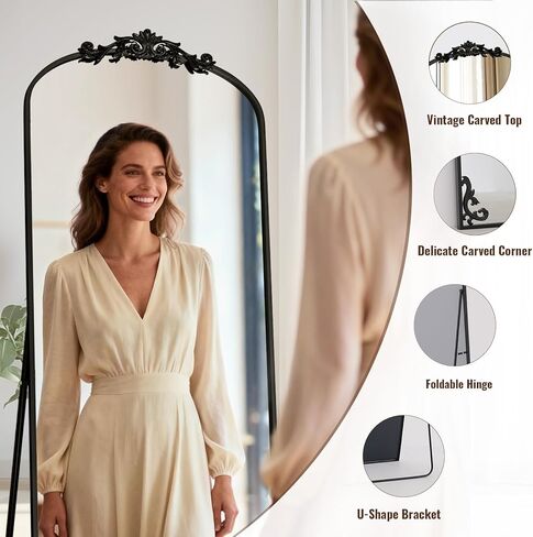 Arched Full Length Mirror, 71'' x 28'' Vintage Full Body Mirror with Carved for Home Decor, Standing Floor Mirror for Wall for Living Room, Bedroom, Cloakroom, Black, Retro Style in Kuwait