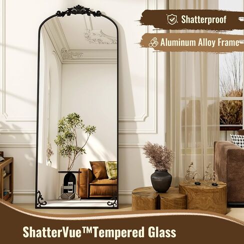 Arched Full Length Mirror, 71'' x 28'' Vintage Full Body Mirror with Carved for Home Decor, Standing Floor Mirror for Wall for Living Room, Bedroom, Cloakroom, Black, Retro Style in Kuwait