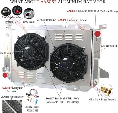 مشعاع ألومنيوم 4 صف لـ 1985-1997 Ford F Super Duty Bronco F150 F250 F350 F53 5.0L 5.8L 7.3 7.5L V8، مشعات مع مجموعة ترموستات كفن مروحة كهربائية in Kuwait