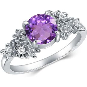 Vintage Flower Engagement Ring for Women, Sterling Silver with Round Cut Natural Gemstone (Amethyst, Turquoise, Black Onyx, Moonstone, Amber), Boho Promise Ring Birthday Gift in Kuwait