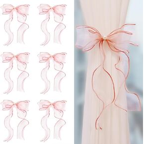 Elegant Bow Curtain Tiebacks, 6-Pack Satin Ribbon with Clip for Sheer Curtains, Decorative Butterfly Knot Window Holders, No-Tie Convenience & Easy Storage, Luxury Lace Trim Design in Kuwait
