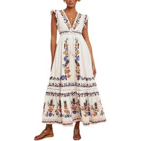 Women's V Neck Cap Sleeve Vacation Maxi Dress Fruit Floral Print Elastic Waist Summer Casual Long Beach Dress in Kuwait