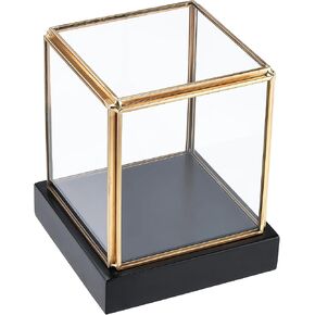 HighFree Clear Glass Display Case, Vintage Gold Glass Display Box Showcase with Black Solid Wooden Base, Square Clear Keepsake Box for Hobby Collectibles, 3.6x3.6x3.9 Inch in Kuwait