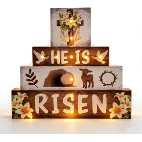 ديكورات عيد الفصح الدينية في الأماكن المغلقة - ديكور مسيحي متقاطع LED، لقد قام بإضاءة عيد الفصح السعيد، علامة خشبية للطاولة، ديكور داخلي للمنزل والمكتب، 9 × 9 بوصة in Kuwait