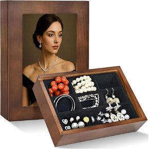 صندوق مجوهرات خشبي مع غطاء إطار صور مقاس 4 × 6 - منظم مجوهرات للخواتم والقلادة والبروش والأقراط - هدية للنساء in Kuwait
