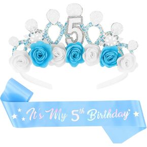 CUBACO 5th Birthday Crown Headband and Sash, 5 Year Old Girl Birthday Gift Ideas for Blue Princess Crown, Frozen Party Decorations Favors for Girls Outfit in Kuwait