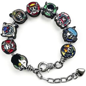 ALCEA ROSEA OP Charm Bracelet Gift Set 9 Anime-Style Mini Chibi Skull Faces, Luffy, Zoro, Nami, Sanji, Usopp, Robin & More, Removable Alloy Chain for Fans (Color Black 1) in Kuwait