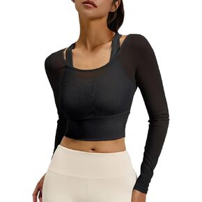 Women's 2 in 1 Yoga Long Sleeve Scoop Neck Mesh Gym Athletic Tops Running Workout Shirts with Medium Support Sport Bra in Kuwait