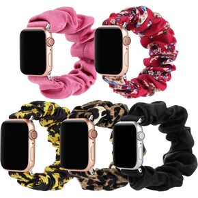 Simpeak 5Pack Elastic Fabric Scrunchie Band Compatible with Apple Watch 45mm 44mm 42mm, Women Girl Strap Replacement for iWatch Series 9 8 7 6 SE 5 4 3, Large, Black/Leopard/Cow/Red Flower/Floral in Kuwait