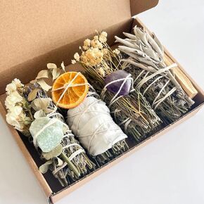 Spiritual Smudge Kit – 4 Sage Bundles with Crystals, Palo Santo & Dried Flowers – Energy Cleansing Gift Set for Meditation, Relaxation, and Positive Vibes in Kuwait