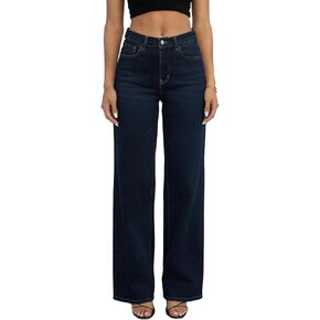 بنطلون جينز نسائي مستقيم الساق بخصر عالٍ وممتد وواسع الساق جينز غير رسمي فضفاض فضفاض من قماش الدنيم بنطلون ملابس الشارع in Kuwait