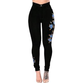 Stretch Skinny Jeans for Women Floral Embroidered High Rise Fashion Bottoms Classic Snug Fit Streetwear Pants in Saudi Arabia