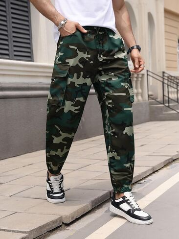 Men's Camo Print Drawstring High Waist Cargo Pants Streetwear Joggers in Saudi Arabia