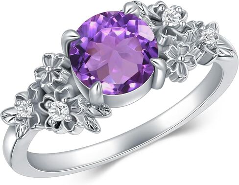 Vintage Flower Engagement Ring for Women, Sterling Silver with Round Cut Natural Gemstone (Amethyst, Turquoise, Black Onyx, Moonstone, Amber), Boho Promise Ring Birthday Gift in Kuwait