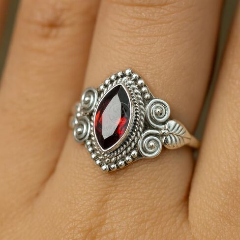 Natural Red Garnet Marquise Cut Faceted Gemstone Handmade Bezel Set 925 Sterling Silver Women’s Statement Ring in Saudi Arabia