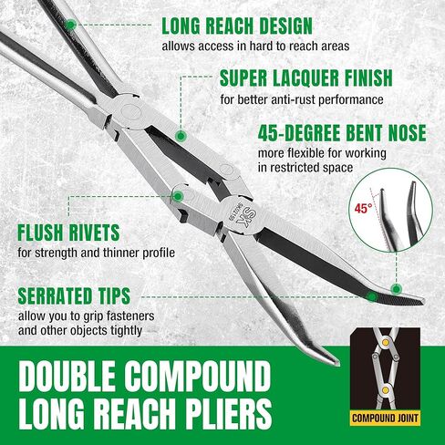 SK 2-Piece Double Compound Long Reach Pliers Set, 13-Inch Straight Long Nose Pliers, 45° Bent Nose, with Comfort Grips, Premium CR-V Steel Construction in Kuwait
