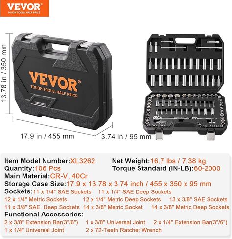 مجموعة مقابس VEVOR، مجموعة مقابس وسقاطة 1/4 بوصة و3/8 بوصة، فتحة مقبس 6 نقاط، مجموعة أدوات 106 قطعة SAE ومتري، مآخذ عميقة وقياسية، 5/32-1 بوصة، 5-19 مم، مع ملحقات، حقيبة تخزين in Kuwait