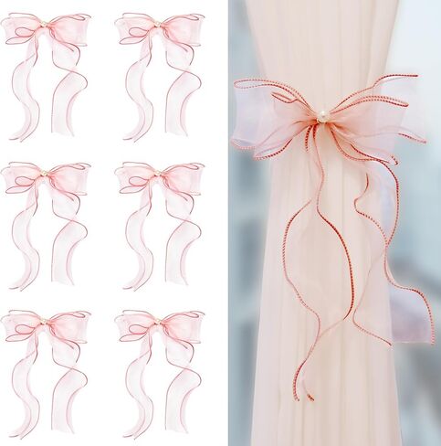 Elegant Bow Curtain Tiebacks, 6-Pack Satin Ribbon with Clip for Sheer Curtains, Decorative Butterfly Knot Window Holders, No-Tie Convenience & Easy Storage, Luxury Lace Trim Design in Kuwait