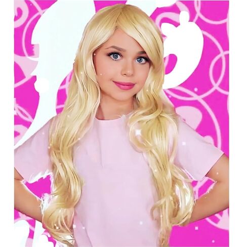 Long Blonde Wavy Wig for Kids Child Blonde Wig with Bangs Girls Light Blonde Long Wigs Synthetic Wig with Wig Cap in Kuwait