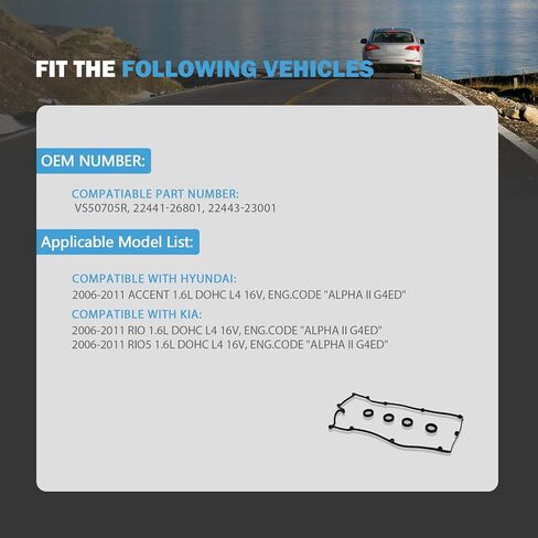 Engine Valve Cover Gasket Set Compatible with Hyundai Accent Replacement for Kia Rio Rio5 2006 2007 2008 2009 2010 2011 L4 1.8L 2.0L Replace VS50705R in Kuwait