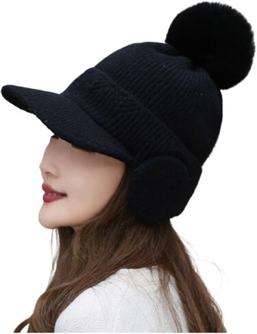 Fleece Beanie Hats with Earflaps Visor Brim Winter Knit Ski Cap Winter Hats for Women Pom Pom Ball in Saudi Arabia