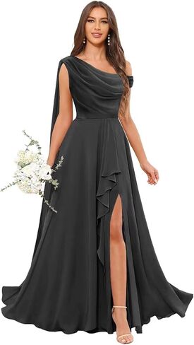 Off Shoulder Chiffon Bridesmaid Dresses for Women 2026 Ruffles Long Formal Gowns for Wedding Guest with Slit in Kuwait