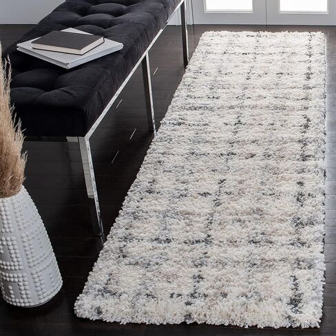 سجادة SAFAVIEH Fontana Shag Collection - 2'3" x 8'، رمادي وعاجي، تصميم شبكي حديث، لا يتساقط ويسهل العناية به، سمك 2 بوصة مثالي للمناطق ذات حركة المرور العالية في غرفة المعيشة وغرفة النوم (FNT868F) in Saudi Arabia