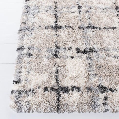 سجادة SAFAVIEH Fontana Shag Collection - 2'3" x 8'، رمادي وعاجي، تصميم شبكي حديث، لا يتساقط ويسهل العناية به، سمك 2 بوصة مثالي للمناطق ذات حركة المرور العالية في غرفة المعيشة وغرفة النوم (FNT868F) in Saudi Arabia