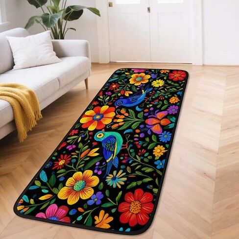 سجاد عداء الزهور المكسيكية للممر، سجاد مطبخ قابل للغسل، سجادة سوداء مزخرفة غير قابلة للانزلاق مقاس 2 × 6 بوصة، سجادة فنية لغرف النوم وغرف المعيشة وغرف الغسيل والحمامات والإقامة المنزلية in Kuwait