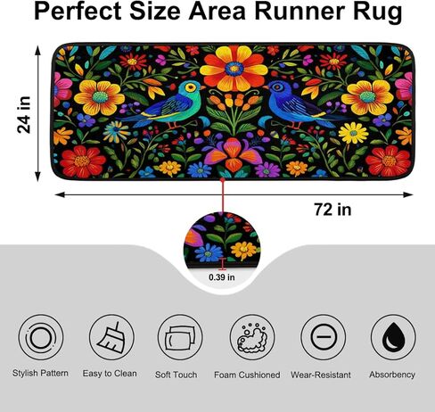 سجاد عداء الزهور المكسيكية للممر، سجاد مطبخ قابل للغسل، سجادة سوداء مزخرفة غير قابلة للانزلاق مقاس 2 × 6 بوصة، سجادة فنية لغرف النوم وغرف المعيشة وغرف الغسيل والحمامات والإقامة المنزلية in Kuwait