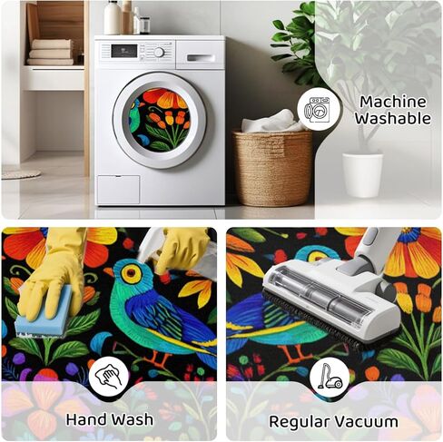 سجاد عداء الزهور المكسيكية للممر، سجاد مطبخ قابل للغسل، سجادة سوداء مزخرفة غير قابلة للانزلاق مقاس 2 × 6 بوصة، سجادة فنية لغرف النوم وغرف المعيشة وغرف الغسيل والحمامات والإقامة المنزلية in Kuwait