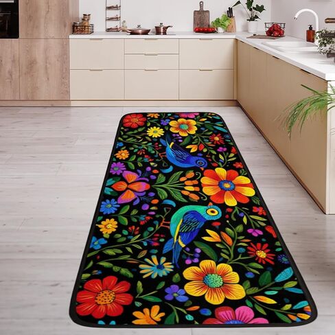 سجاد عداء الزهور المكسيكية للممر، سجاد مطبخ قابل للغسل، سجادة سوداء مزخرفة غير قابلة للانزلاق مقاس 2 × 6 بوصة، سجادة فنية لغرف النوم وغرف المعيشة وغرف الغسيل والحمامات والإقامة المنزلية in Kuwait