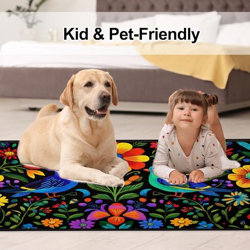 سجاد عداء الزهور المكسيكية للممر، سجاد مطبخ قابل للغسل، سجادة سوداء مزخرفة غير قابلة للانزلاق مقاس 2 × 6 بوصة، سجادة فنية لغرف النوم وغرف المعيشة وغرف الغسيل والحمامات والإقامة المنزلية in Kuwait