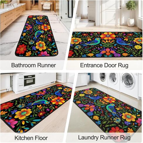 سجاد عداء الزهور المكسيكية للممر، سجاد مطبخ قابل للغسل، سجادة سوداء مزخرفة غير قابلة للانزلاق مقاس 2 × 6 بوصة، سجادة فنية لغرف النوم وغرف المعيشة وغرف الغسيل والحمامات والإقامة المنزلية in Kuwait