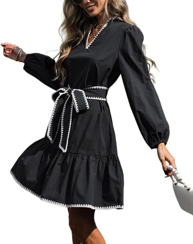 LifeShe Women Tie Front Babydoll Dress V Neck Puff Sleeve Mini Dresses in Saudi Arabia