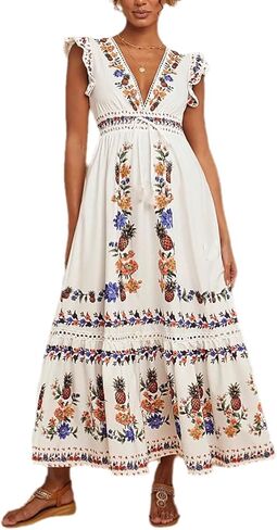 Women's V Neck Cap Sleeve Vacation Maxi Dress Fruit Floral Print Elastic Waist Summer Casual Long Beach Dress in Kuwait