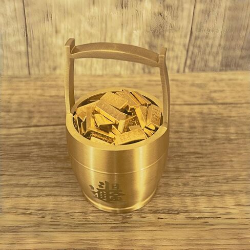 وعاء نقود Feng Shui - سطل ماء نحاسي صغير مقاس 2 × 2 × 3 بوصة مع 160 طوبة ذهبية، وعاء ثروة بلمسة نهائية عتيقة 300 جرام للمكتب والديكور المنزلي in Saudi Arabia