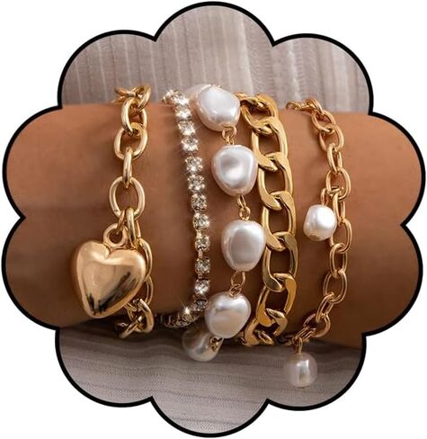 Punk Hip hop Set 5pcs Bracelet Heart Charm Pendant Bracelet Baroque Pearl Bracelet for Women and Girls (Gold) in Kuwait