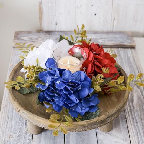 2 Pack 4th of July Wreaths Artificial Hydrangea Candle Rings Holder,Patriotic Red, White and Blue Floral Decoration, 3 Inch Center for Pillar Candle Table Centerpiece (Multicolor) in Kuwait