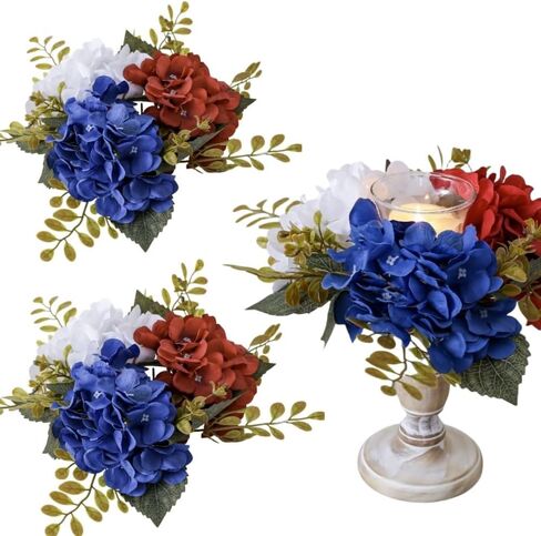 2 Pack 4th of July Wreaths Artificial Hydrangea Candle Rings Holder,Patriotic Red, White and Blue Floral Decoration, 3 Inch Center for Pillar Candle Table Centerpiece (Multicolor) in Kuwait