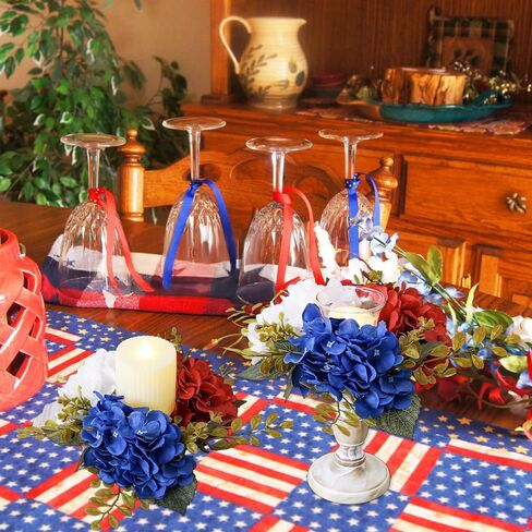 2 Pack 4th of July Wreaths Artificial Hydrangea Candle Rings Holder,Patriotic Red, White and Blue Floral Decoration, 3 Inch Center for Pillar Candle Table Centerpiece (Multicolor) in Kuwait