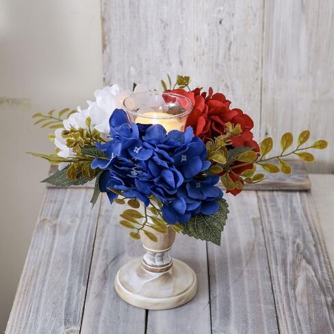 2 Pack 4th of July Wreaths Artificial Hydrangea Candle Rings Holder,Patriotic Red, White and Blue Floral Decoration, 3 Inch Center for Pillar Candle Table Centerpiece (Multicolor) in Kuwait