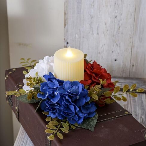 2 Pack 4th of July Wreaths Artificial Hydrangea Candle Rings Holder,Patriotic Red, White and Blue Floral Decoration, 3 Inch Center for Pillar Candle Table Centerpiece (Multicolor) in Kuwait
