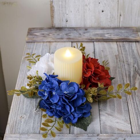 2 Pack 4th of July Wreaths Artificial Hydrangea Candle Rings Holder,Patriotic Red, White and Blue Floral Decoration, 3 Inch Center for Pillar Candle Table Centerpiece (Multicolor) in Kuwait