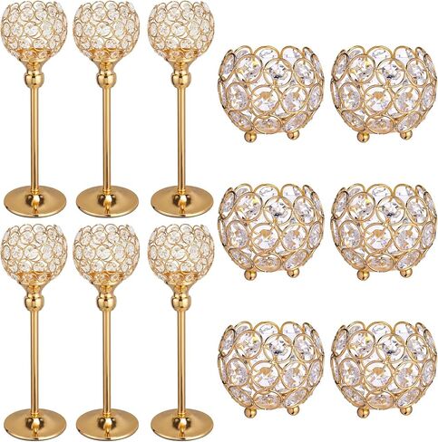 Patelai Gold Crystal Metal Candle Holders Set Include 6 Pcs 13 Inch Tall Gold Crystal Pillar Candlesticks and 6 Pcs Bowl Tealight Candle Holders for Wedding Party Table Centerpieces Home Decor Gift in Saudi Arabia
