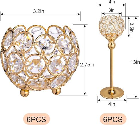 Patelai Gold Crystal Metal Candle Holders Set Include 6 Pcs 13 Inch Tall Gold Crystal Pillar Candlesticks and 6 Pcs Bowl Tealight Candle Holders for Wedding Party Table Centerpieces Home Decor Gift in Saudi Arabia