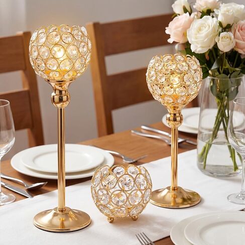 Patelai Gold Crystal Metal Candle Holders Set Include 6 Pcs 13 Inch Tall Gold Crystal Pillar Candlesticks and 6 Pcs Bowl Tealight Candle Holders for Wedding Party Table Centerpieces Home Decor Gift in Saudi Arabia